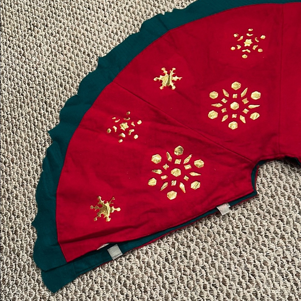 18 inch large tree skirt. Red and green felt with gold embellishment smoke free